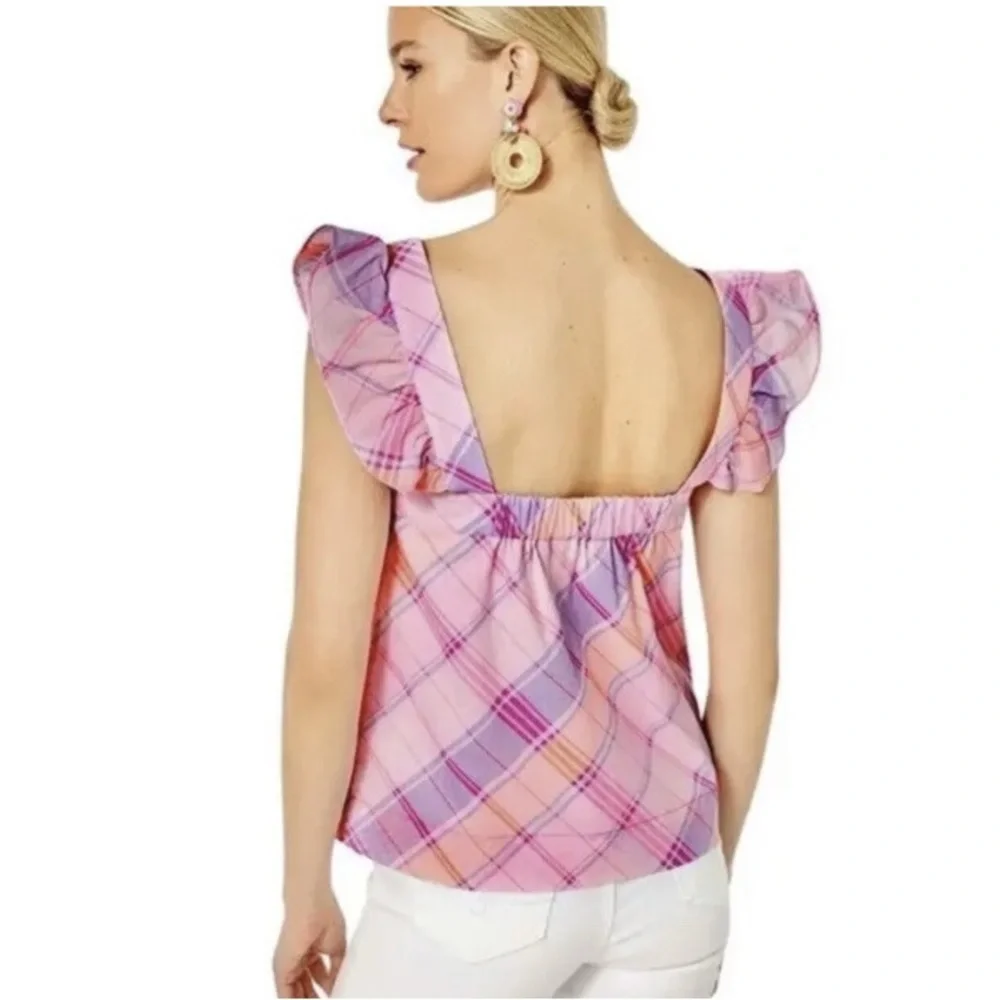 Lilly Pulitzer Reyna Top Pink Isle Madras Plaid Ruffle Tank Size small READ - Picture 6 of 7